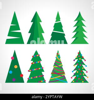 Set di otto alberi di Natale con palle di Natale e decorazioni. Illustrazione vettoriale. Illustrazione Vettoriale