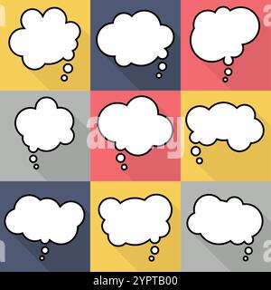 Set di nove fumetti fumettistici fumettistici con fumetti in stile piatto. Elementi dei fumetti di design senza frasi. Illustrazione vettoriale Illustrazione Vettoriale