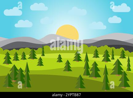 Paesaggio vettoriale con campi, alberi e montagne. Mattina presto con l'alba del sole all'orizzonte. Illustrazione vettoriale. Illustrazione Vettoriale