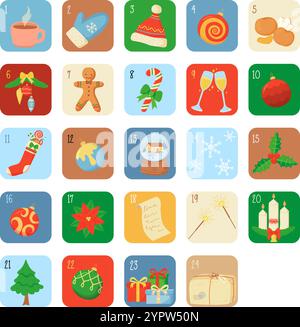 Colorato calendario dell'Avvento con 24 icone natalizie, tra cui decorazioni, dolcetti e articoli natalizi. Illustrazione Vettoriale