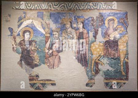 Dipinti murali di Navasa, XII secolo, affresco strappato e trasferito su tela, provengono dalla chiesa di Asuncion de Maria, Navasa, Museo Diocesano di Foto Stock
