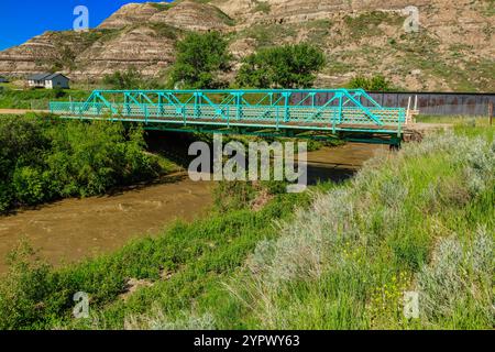 Un ponte verde attraversa un fiume, con una lussureggiante erba verde sul lato. Il ponte si trova in una zona rurale, circondata da montagne e alberi. Il Foto Stock