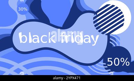 Un vivace banner promozionale per il Black Friday con forme blu vorticose e testo in grassetto promettenti sconti fino a Illustrazione Vettoriale