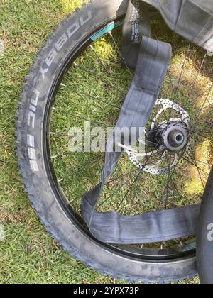 Sostituzione pneumatico Flat bike con nuovo tubo per bici, San Diego, California, USA. 15 agosto 2020 Foto Stock