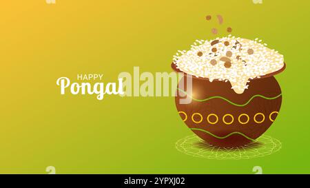 Happy Pongal Harvest festival in India celebrano lo sfondo. Piatto di riso dolce. Modello per il volantino con lo sconto per cartoline. Illustrazione vettoriale. Illustrazione Vettoriale