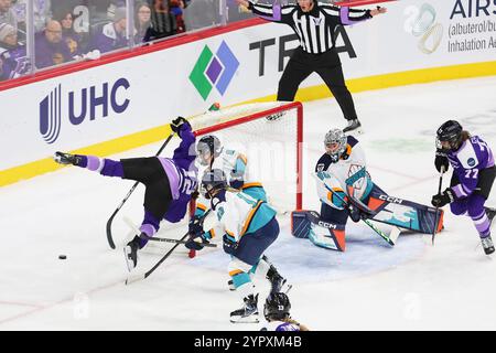 19 novembre 2024: L'attaccante dei Minnesota Frost Kelly Pannek (12) cade durante un tentativo di goal durante una partita di hockey in PWHL tra i New York Sirens e i Minnesota Frost all'Xcel Energy Center di St. Paul, Minnesota. Steven Garcia-CSM Foto Stock