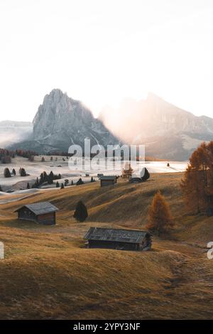 Serena alba alpina: Scopri la bellezza mozzafiato degli alberi autunnali, delle maestose montagne, dei vibranti colori autunnali e delle prime vette innevate Foto Stock