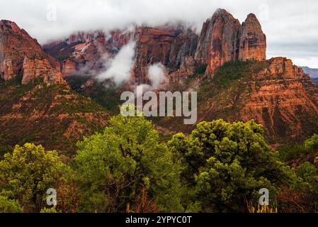 Le magnifiche scogliere di roccia rossa del Kolob Canyon (parte del Parco Nazionale di Zions), anche i monoliti dello Snow Canyon State Park, a Ivins, Ut. STATI UNITI Foto Stock