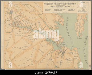 Mappa di James River, Virginia e dintorni : James River itinerario giornaliero tra Richmond, Old Point comfort, Portsmouth, Norfolk, Newport News, Jamestown e James River sbarcano nel 1899 Foto Stock