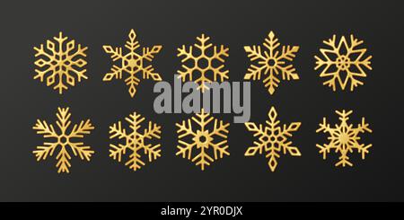 Fiocchi di neve dorati brillanti e realistici set di icone a colori. Buon Natale ornamento natalizio con cristalli congelati simboli oggetti 3d in nero Illustrazione Vettoriale