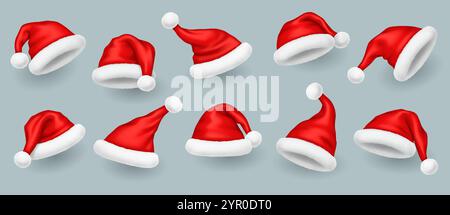 Cappelli Babbo Natale rosso brillante con un realistico set di illustrazioni vettoriali in pelliccia sintetica. Cappelli decorativi per feste di Natale modelli 3d su sfondo grigio Illustrazione Vettoriale