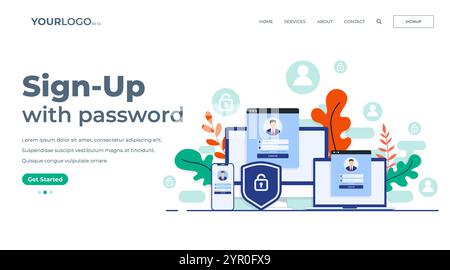 Schermata di registrazione online o di registrazione dell'interfaccia utente su laptop, computer desktop, smartphone. Accesso sicuro, concetto di protezione tramite password per la pa di atterraggio Illustrazione Vettoriale