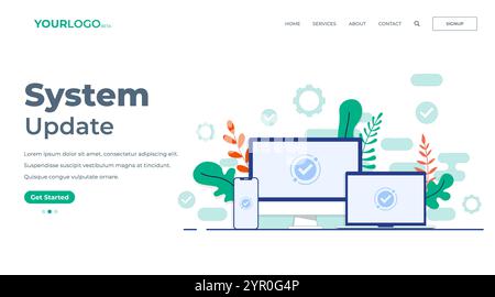 Aggiornamento software completato sullo schermo del computer desktop, del computer portatile e dello smartphone. Illustrazione vettoriale piatta per pagina di destinazione, interfaccia utente, app mobile Illustrazione Vettoriale