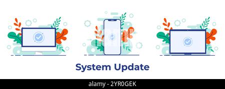 Aggiornamento software completato sullo schermo del computer desktop, del computer portatile e dello smartphone. Illustrazione vettoriale piatta per pagina di destinazione, interfaccia utente, app mobile Illustrazione Vettoriale