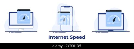 Smartphone, laptop e computer con test della velocità di connessione Internet sullo schermo, velocità di download Internet e prestazioni di rete su pagina Web flat i. Illustrazione Vettoriale