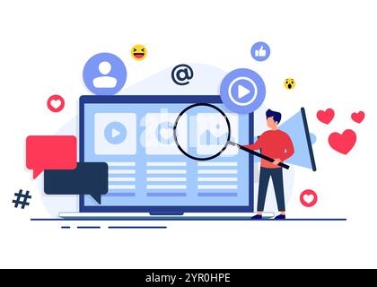 Illustrazione vettoriale del concetto di social media marketing per landing page, banner Web, applicazione mobile, banner, strategia per i contenuti aziendali, web desig Illustrazione Vettoriale