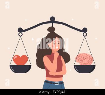 Equilibrio tra cuore e cervello. Concetto di benessere. Donna che guarda le bilance con amore da un lato e pratica dall'altro. Illustrazione vettoriale in Illustrazione Vettoriale