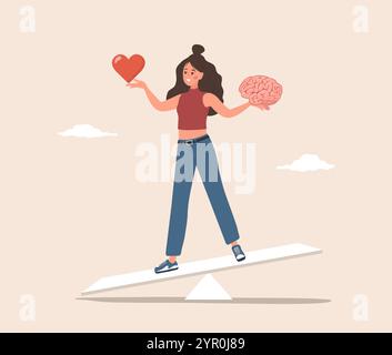 Equilibrio cerebrale e cardiaco. Concetto di intelligenza emotiva. Il personaggio femminile trova l'equilibrio tra cuore e cervello. Illustrazione vettoriale in un cartone animato piatto Illustrazione Vettoriale