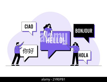 Traduttore online, traduzione di lingue straniere, bolle di chat con lingue diverse, Ciao!, comunicazione multilingue, icona dell'app per il dialogo tra Illustrazione Vettoriale
