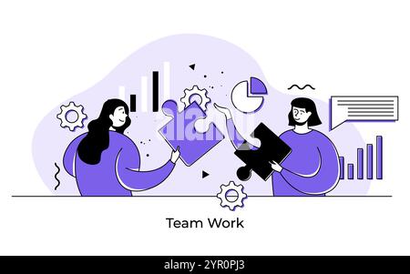 Due donne che tengono in mano pezzi di puzzle, illustrazione vettoriale piatto del concetto di lavoro di squadra, cooperazione, supporto e aiuto ai colleghi, Partnership, affari Illustrazione Vettoriale