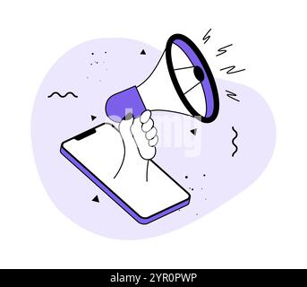 Mano che tiene il megafono sullo schermo dello smartphone vettore di illustrazione piatto, unisciti a noi, annuncio di posto vacante, offerta speciale, stiamo assumendo, altoparlante Illustrazione Vettoriale