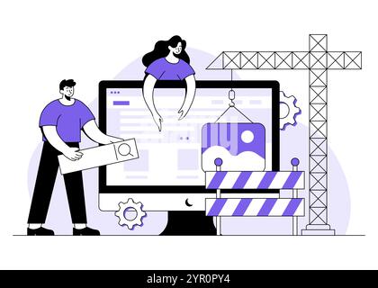 Sito Web, concetto vettoriale di illustrazione piatta in costruzione per landing page, interfaccia utente, Web, app mobile, manutenzione del sistema, persone che costruiscono siti web, web Illustrazione Vettoriale