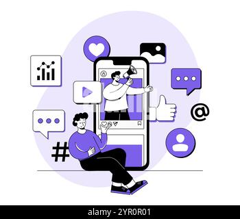 Uomo in piedi sul feed dei social media con megafono, concetto di social media marketing illustrazione piatta, marketing digitale, e-commerce, social media campai Illustrazione Vettoriale