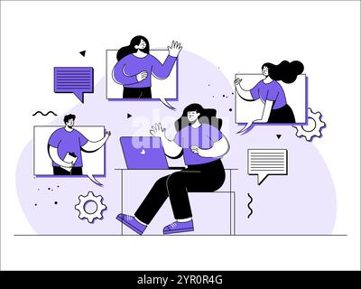 Gli uomini d'affari si incontrano online, i dipendenti di sesso femminile parlano in videochiamata con i colleghi sul laptop a casa, videoconferenza, pensiero del team e brainstorming, Illustrazione Vettoriale