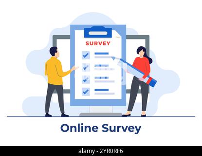 Modulo di sondaggio online sul concetto vettoriale di illustrazione piatta dello schermo del computer, persone che compilano il modulo di sondaggio, servizio di feedback, notebook con elenco di controllo, Onl Illustrazione Vettoriale