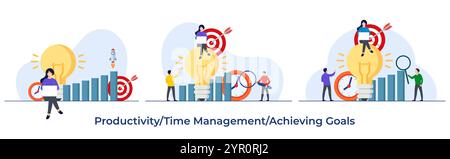 Insieme di illustrazione piatta della produttività, autogestione, aumento delle prestazioni, definizione degli obiettivi, raggiungimento degli obiettivi, concetto di gestione del tempo per la pagina di atterraggio Illustrazione Vettoriale