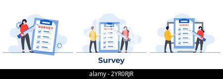 Set di illustrazioni piatte sui concetti del sondaggio, modulo di sondaggio online, Appunti con caselle di controllo, elenco di controllo, completare le attività, concetto di elenco delle cose da fare per il busin Illustrazione Vettoriale