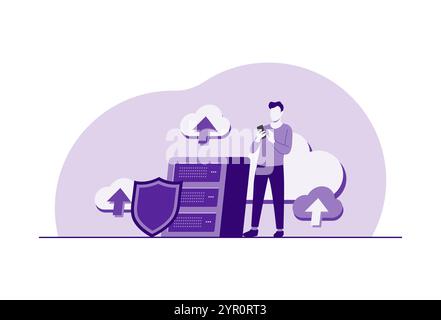 Illustrazione piatta di sicurezza e archiviazione dei dati nel cloud, le persone caricano cartelle e trasferiscono file di backup a servizi di database digitali, sicurezza informatica, Datab Illustrazione Vettoriale
