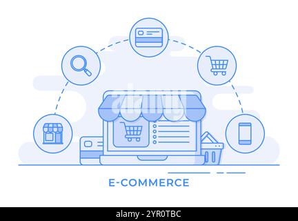 Concetto di shopping online, illustrazione flat line e-commerce concetto infografico per landing page, banner Web, applicazione mobile, progettazione Web, presentazione Illustrazione Vettoriale