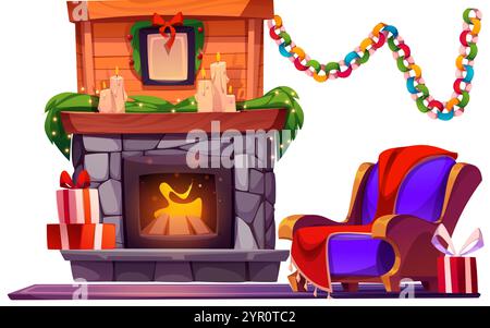 Accogliente interno invernale con caminetto in pietra con fiamme accese e comoda poltrona nelle vicinanze. ghirlanda decorativa natalizia, candele accese, confezioni regalo confezionate. L'ambientazione ideale per le feste. Illustrazione Vettoriale