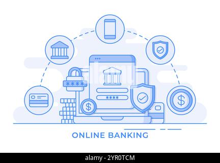 Infografica sull'illustrazione vettoriale piatta thin line, e-banking, concetto di mobile banking per landing page, banner Web, web design, presentazione Illustrazione Vettoriale