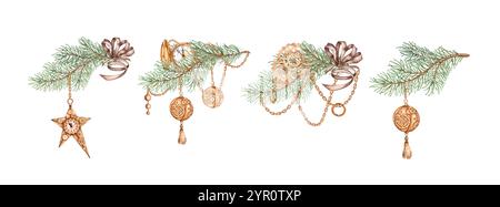 Rami di abete con decorazioni natalizie, palle, stelle, catene, ingranaggi, illustrazione ad acquerello a sospensione in stile steampunk. Piante forestali per l'inverno e. Foto Stock