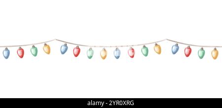 Luci natalizie garland Seamless Border. Illustrazione ad acquerello disegnata a mano. Lampadine luminose per feste appese. Anno nuovo, festa di compleanno infinita Foto Stock
