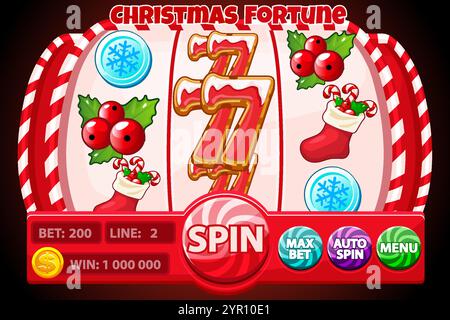 Fortuna natalizia, interfaccia SLOT machine con icone natalizie. Striscione con slot machine per caramelle e pan di zenzero 7, bacche, monete e calzini natalizi Illustrazione Vettoriale