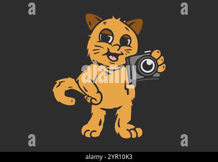 Scatta una foto. Personaggio gatto arancione che regge un disegno illustrativo della fotocamera Illustrazione Vettoriale