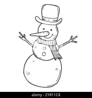 Illustrazione disegnata a mano con linee nere, isolata su sfondo bianco. Schizzi di pupazzo di neve. Vettore stock. Doodle pupazzo di neve. Elemento decorativo per Christm Illustrazione Vettoriale