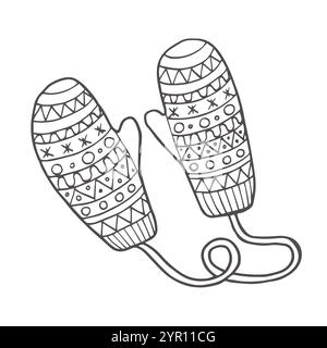 Doodle guanti, vestiti invernali, guanti. Abbigliamento a maglia, simbolo di caldo. Vettore disegnato a mano isolato su sfondo bianco. Illustrazione Vettoriale