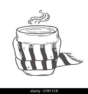 Tazza con bevanda calda, limone e cannella con sciarpa. Tazza di caffè natalizio, tè. Illustrazione del contorno vettoriale dello schizzo disegnato a mano. Per il Illustrazione Vettoriale