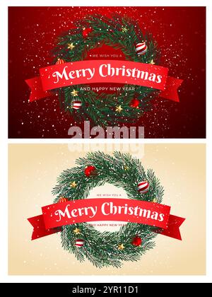 Regala una corona natalizia con un banner a nastro natalizio. Illustrazioni vettoriali Illustrazione Vettoriale