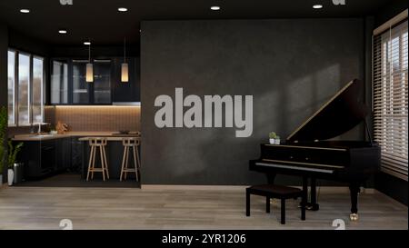 Un elegante pianoforte nero in una casa contemporanea caratterizzata da una parete grigio scuro, un pavimento in parquet e una moderna ed elegante cucina nera. interni di casa. 3d re Foto Stock