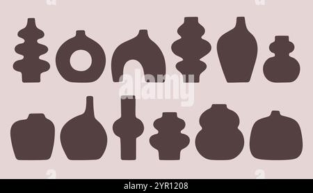 Set sagome vaso astratto. Elegante caraffa vaso in ceramica o biberon sagomati. Accogliente arredamento casalingo, ceramica boho fatta a mano, forma nera. Illustrazione Vettoriale