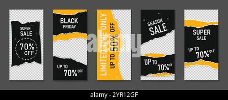 Set di opuscoli, banner realizzati con un annuncio di carta nera strappato o annunci con spazio per le foto. Illustrazione Vettoriale