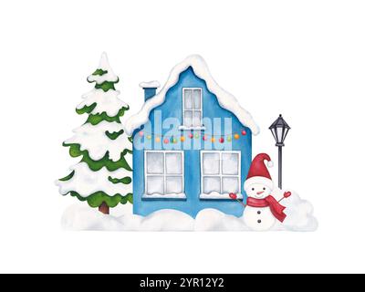 Graziosa casa blu con tetto innevato decorata con ghirlande, pupazzo di neve, abete, lampioni e ciaspole. Illustrazione disegnata a mano con acquerello. Foto Stock