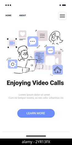 Concetto di videochiamate con persone che utilizzano dispositivi digitali circondate da icone ed elementi della chat in uno stile minimalista disegnato a mano. Schermata dell'app mobile Illustrazione Vettoriale