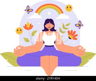 Illustrazione vettoriale autorigenerante con una donna che meditava e ripristinava la salute mentale e l'armonia interiore attraverso lo Yoga in uno sfondo in stile piatto Illustrazione Vettoriale