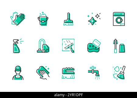 Pulizia e pulizia - icone di stile del design delle linee Illustrazione Vettoriale